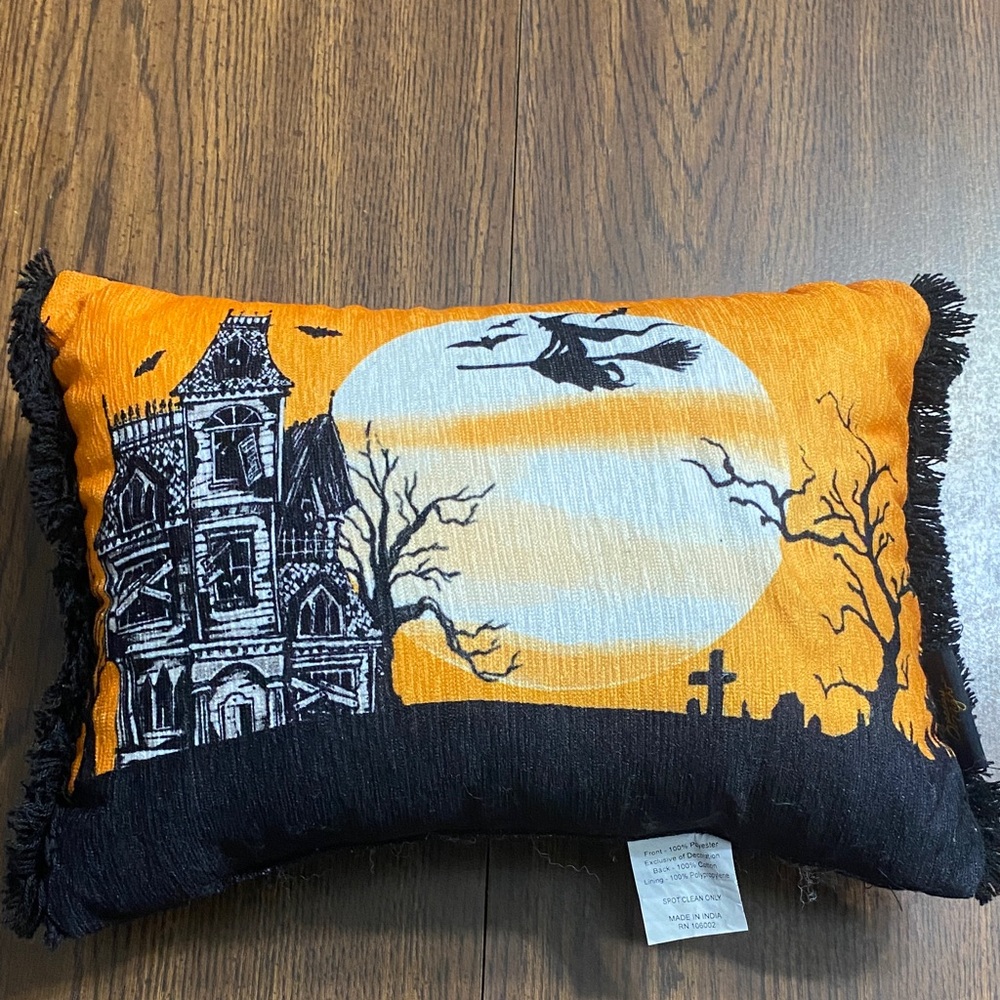 “5/$20” spooky Halloween haunted house cemetary witch throw pillow